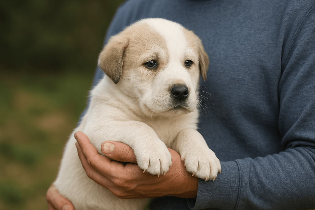 A person gently holds a young Alabai puppy with white and tan fur in their arms, outdoors on a soft, natural background, highlighting care and affection during early puppy care.