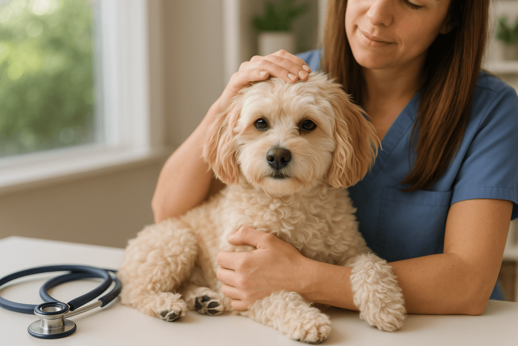 A cream-colored Havapoo sitting on a table, being gently held by a woman in blue scrubs with a stethoscope nearby, representing pet health and care.