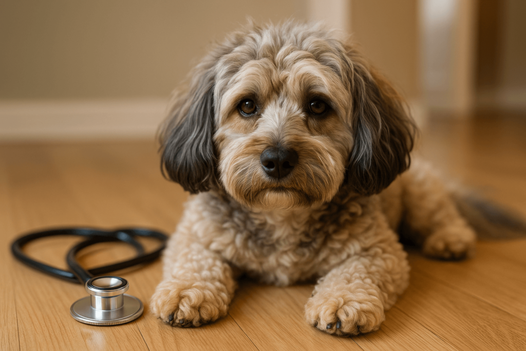 A photograph of a Havapoo dog lying on a wooden floor next to a stethoscope, representing common health concerns in Havapoo dogs.