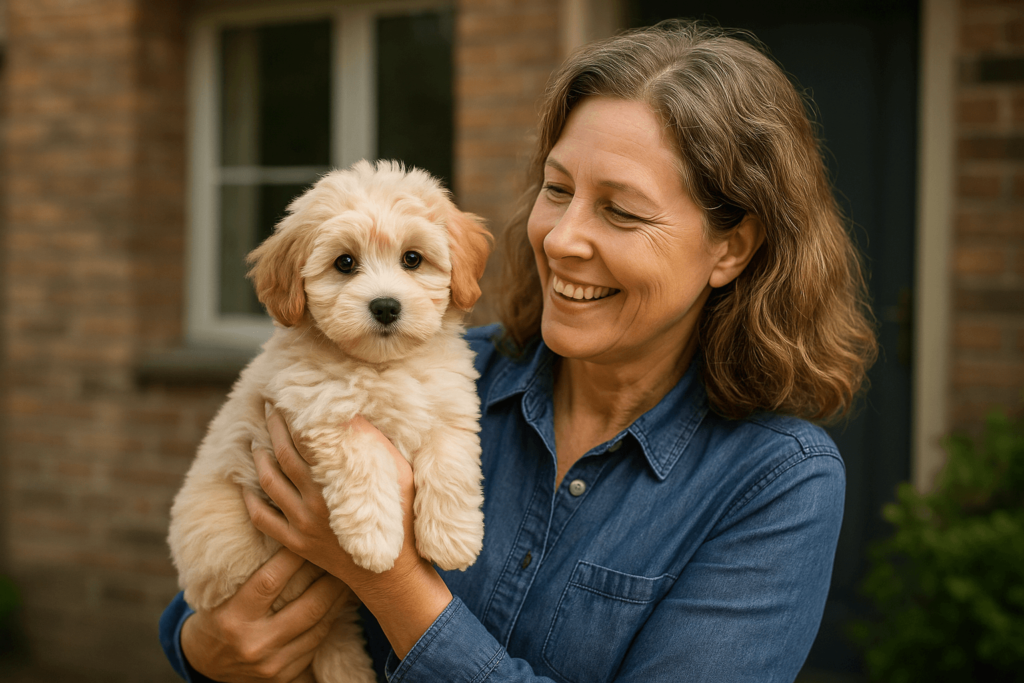 Middle-aged woman smiling while holding a fluffy cream-colored Havapoo puppy outside a brick house.