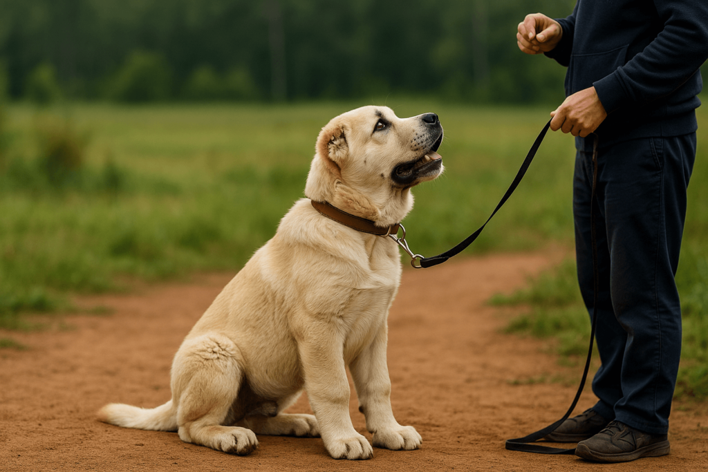 Central Asian Shepherd puppy sitting attentively during outdoor training session with its owner on a dirt path.