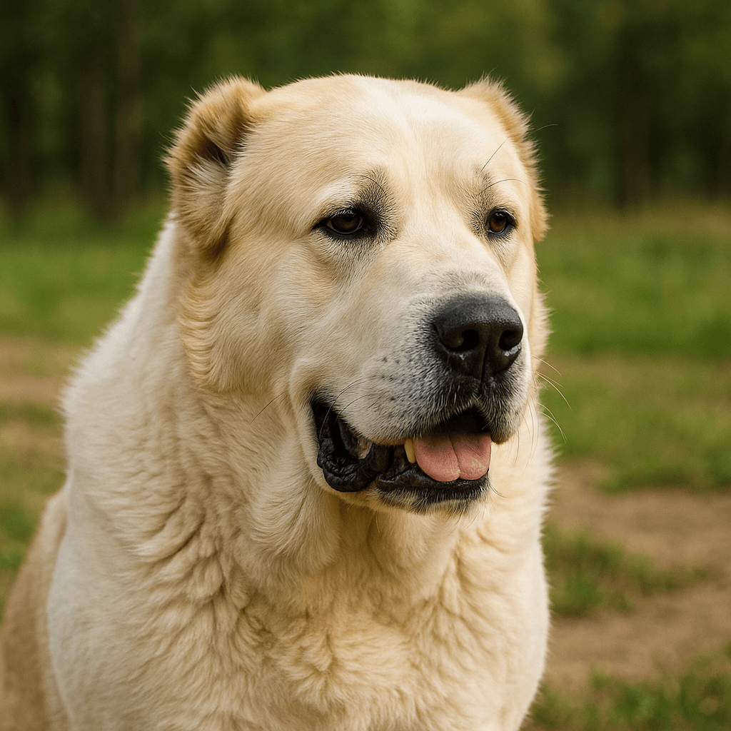 Hyperrealistic portrait of a Central Asian Shepherd (Alabai) dog with a thick cream-colored coat, alert eyes, and calm expression, standing outdoors on a sunny day with a blurred natural background.