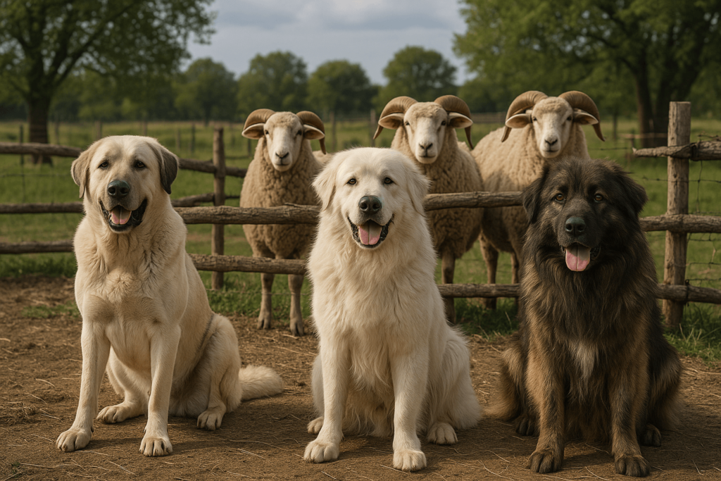 Hyperrealistic image of four livestock guardian dogs — an Anatolian Shepherd, Kangal, Maremma Sheepdog, and Caucasian Shepherd — sitting in front of a small flock of sheep on a rural farm, symbolizing their traditional protective role.