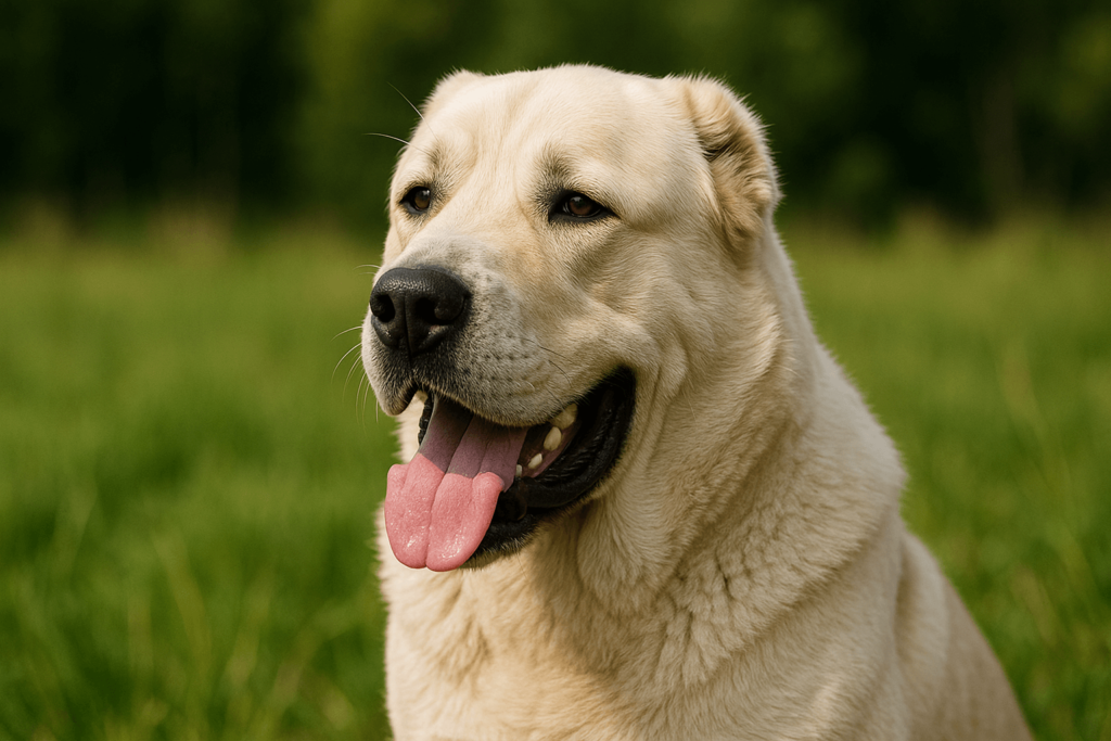 Close-up of a Central Asian Shepherd Dog (Alabai) with cream-colored fur sitting in a grassy field, mouth open and tongue out, looking calm and friendly under natural daylight.